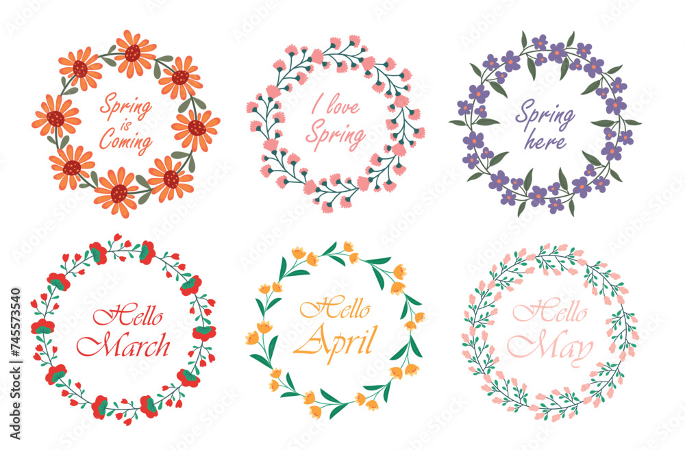 Set of wreaths with spring phrases. Hello Spring, Spring is coming, vector illustration of round frames with Flowers of different colors.