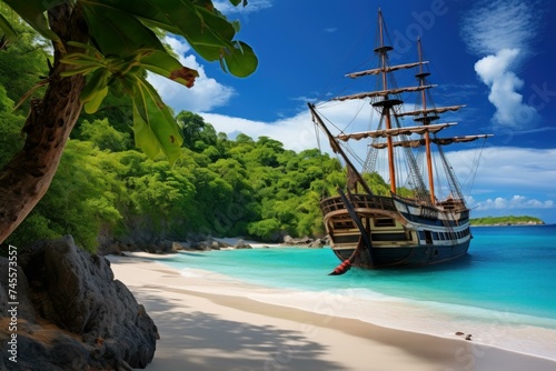 Pirate ship at beach. Sea tropical island. Generate Ai
