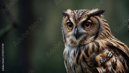 A magnificent great horned owl perched regally, its striking features highlighted against its surroundings." great horned owl