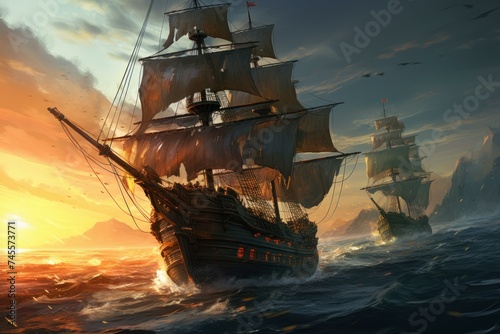 Pirate ships sea battle. Travel wood. Generate Ai photo