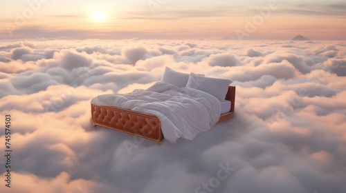 Dreamy scene of bed enveloped in clouds against stunning sunset, symbolizing tranquility