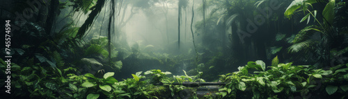 Sunlight filters through dense jungle, illuminating natural path, banner Realistic nature rainforest.