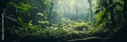 Background Deep forest tropical jungles of Southeast Asia with fog. Mystical amazon banner fantasy backdrop, Realistic nature rainforest © Adin