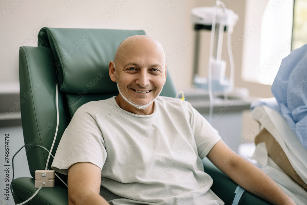 Fototapeta premium Cancer patient Bald man smiling in hospital bed, drip stand in background, conveying hope and positivity. Concept desire for life, treatment of fatal disease