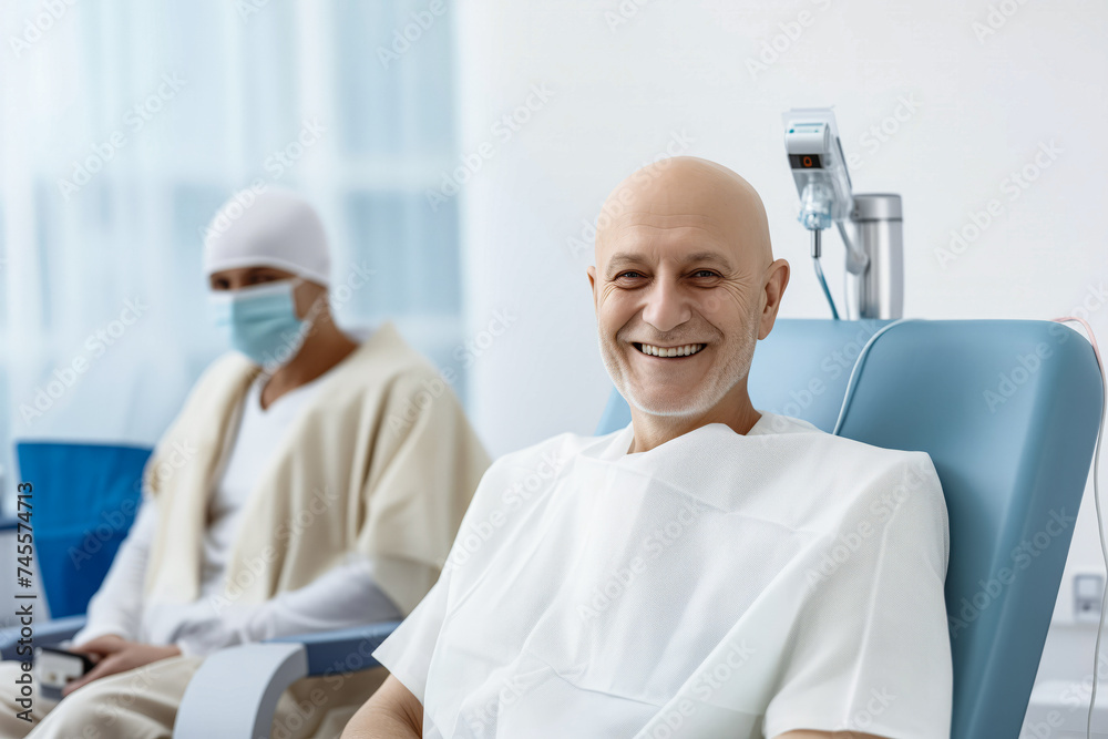 Fototapeta premium Concept desire for life, treatment of fatal disease. Cancer patient Bald man smiling in hospital bed, drip stand in background, conveying hope and positivity.