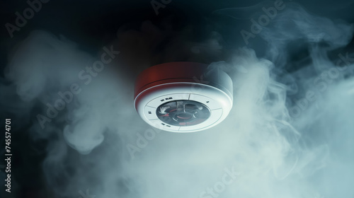 Working smoke detector and fire alarm in action. System for protection and safety of smart home or warehouse photo
