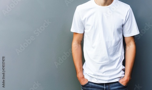 A young adult male stands with his hands in the pockets of his denim jeans, sporting a simple white t-shirt. 