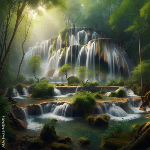 Waterfall surrounded by Beautiful Nature  lush vegetation