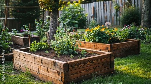 Raised wooden garden beds with young vegetable plants in urban backyard.