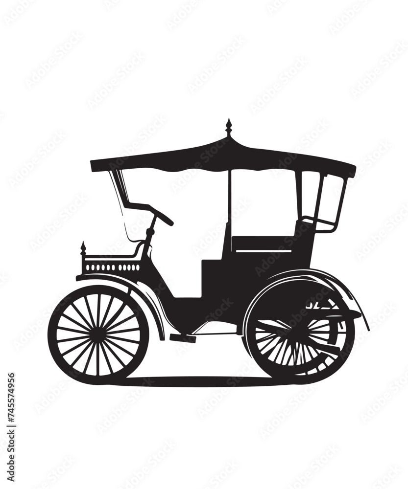 black silhouette of a Rickshaw with thick outline side view isolated