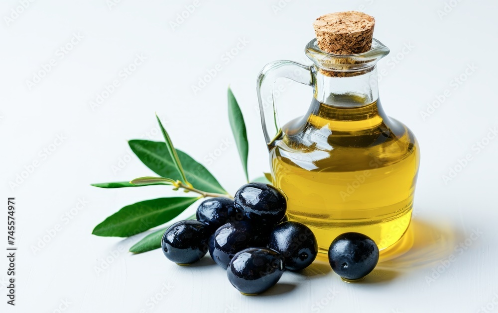 Olive Oil Bottle Surrounded by Fresh Olives and Green Leaves on a Clean White Background Olive Oil Bottle Surrounded by Fresh Olives and Green Leaves on a Clean White Background