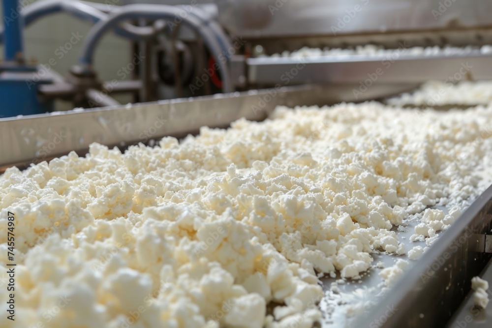 Fresh cheese curds on a conveyor belt in a cheese factory.