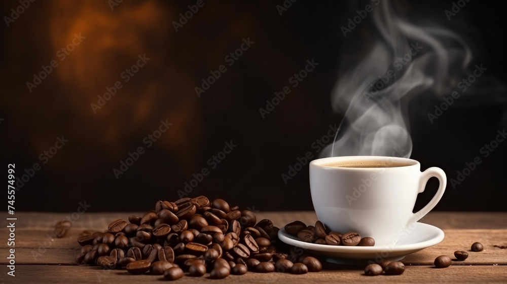 Banner steaming cup of coffee with scattered roasted beans, evoking warmth and aroma with copy space Banner steaming cup of coffee with scattered roasted beans, evoking warmth and aroma with copy space