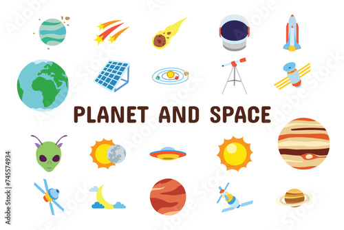 Planet and Space Flat Vector Illustration Icon Sticker Set Design Materials