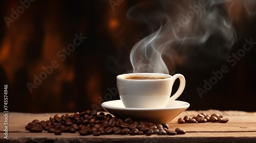Banner steaming cup of coffee with scattered roasted beans  evoking warmth and aroma.