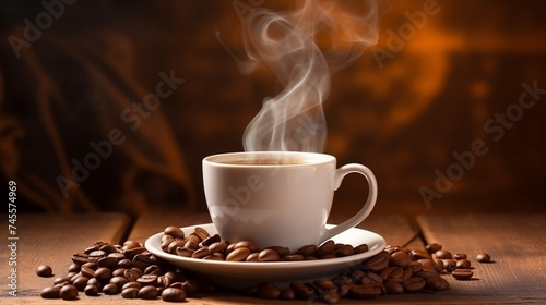 Banner steaming cup of coffee with scattered roasted beans, evoking warmth and aroma with copy space