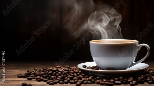 Banner steaming cup of coffee with scattered roasted beans, evoking warmth and aroma.