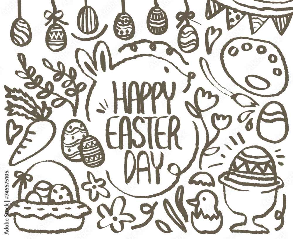 Happy Easter Day doodle, hand drawn with crayon. Egg pattern 
easter background pattern Vector illustration. Layout draw with set of traditional Easter. rabbits, paint, carrots, spring, basket, willow