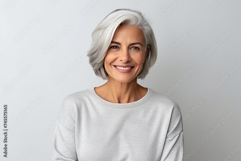 Portrait of a beautiful senior woman smiling at the camera while standing against grey background