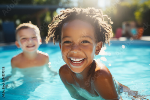 Happy African American joyful child swimming in sunny pool, sharing fun moment with friends, sunlight. © Adin