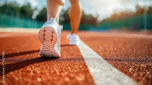 Athlete's feet on a sunny running track.