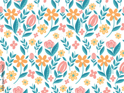 Seamless pattern with flowers of different shapes and colors, yellow and pink Spring Flowers, hand drawn. Vector illustration suitable for cover, textile, wrapping paper, background