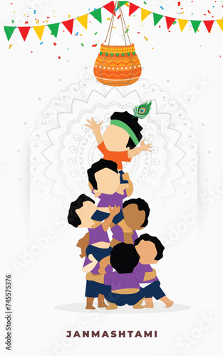 Vector illustration of Lord Krishna playing dahi handi in Happy Janmashtami festival background of India