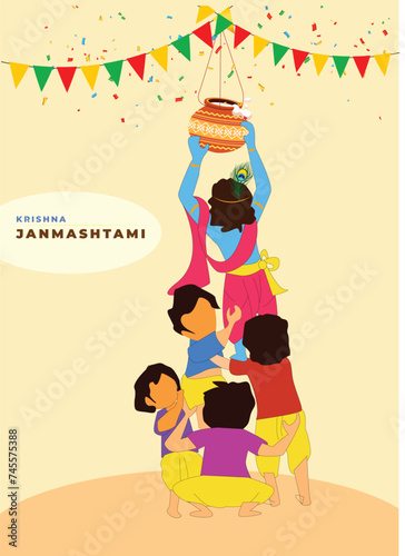Vector illustration of Lord Krishna playing dahi handi in Happy Janmashtami festival background of India