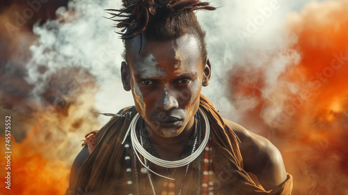 Warrior with tribal markings amid fiery smoke.