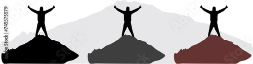 Positive man Celebrating on Mountain Top icon, with arms raised up, Vector illustration