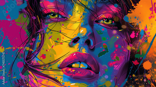 Vibrant pop art face with expressive splashes.