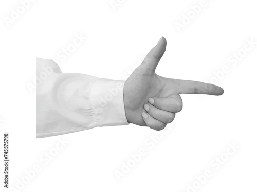 Foto Black and white hand in a white shirt points with a finger - element for collage
