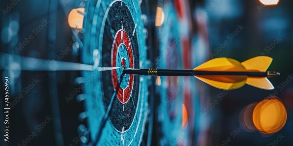 dart arrow hitting center target or business targeting and winning goals business concepts.
 - obrazy, fototapety, plakaty 