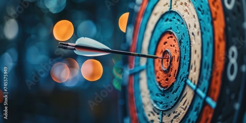 dart arrow hitting center target or business targeting and winning goals business concepts.
 photo
