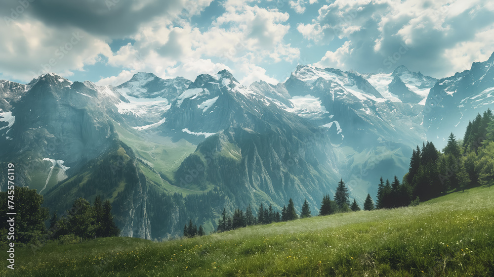 Idyllic mountain landscape with lush green meadows.