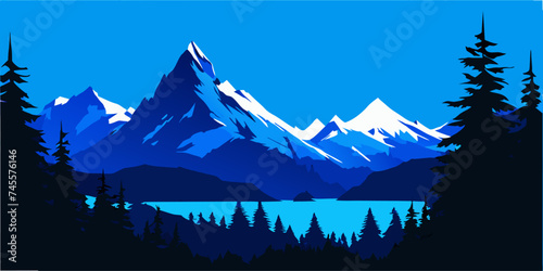 Blue montain with clear sky background and fine tree decorated. Ai generated vector