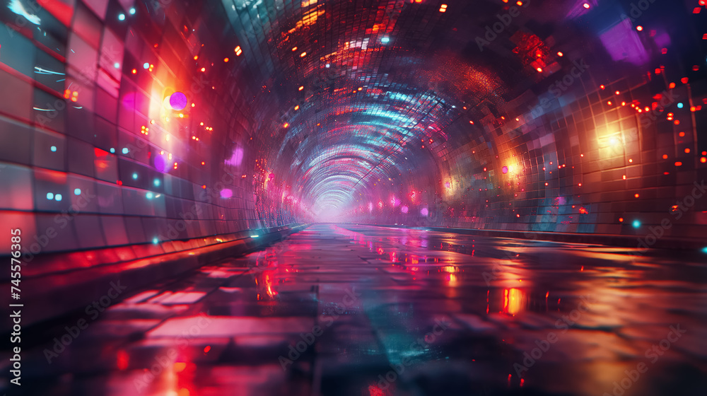 Vibrant lights in a futuristic tunnel.