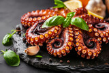 This close-up showcases delectable octopus tentacles garnished with fragrant basil and garlic, elegantly presented on a black stone plate.