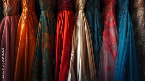 Colorful dresses hanging in a row.