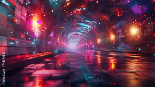 Vibrant lights in a futuristic tunnel.