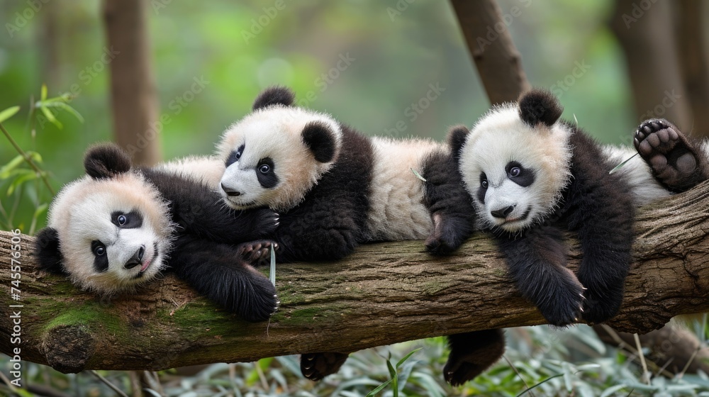 Obraz premium Group of panda bears sitting on top of a tree branch