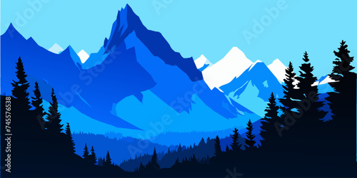 Blue montain with clear sky background and fine tree decorated. Ai generated vector © Suryani