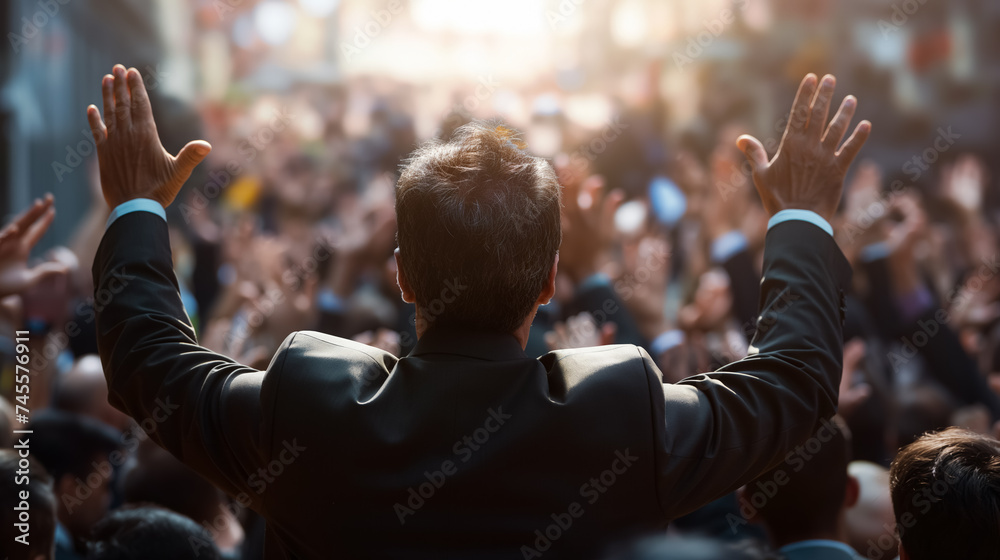 Leader raising hands in front of a crowd.