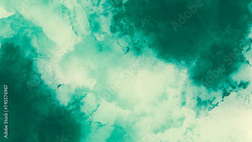 Abstract watercolor paint background by teal color blue and green. Blue Sky and White Clouds, 