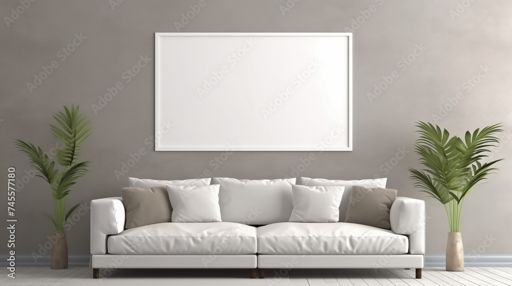 Picture frame in living room interior mock up in gray tones with tropical palm tree leaves, 3d rendering Picture frame in living room interior mock up in gray tones with tropical palm tree leaves, 3d rendering