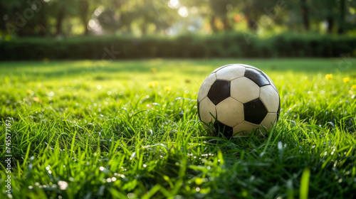 Soccer ball resting on lush green field © Pixel Pine