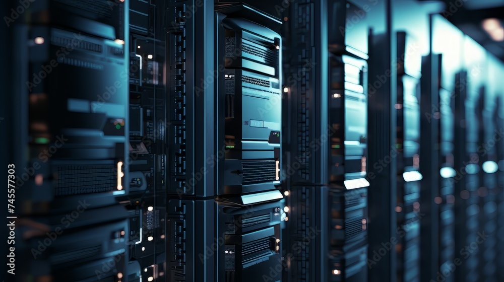 Row of Servers in a High-Tech Data Center