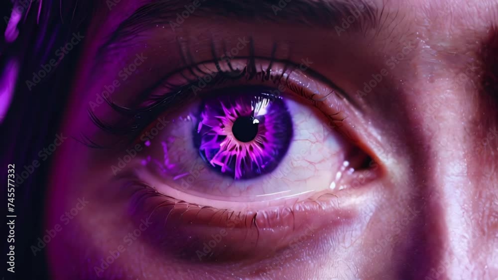 kaleidoscope hypnotic 4k macro close-up of trippy woman eye with purple lighting.