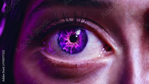 kaleidoscope hypnotic 4k macro close-up of trippy woman eye with purple lighting. photo