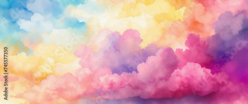 Colorful watercolor abstract background with cloud pattern symbolizes beauty, with bright shades of orange, yellow, blue, pink and purple.